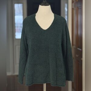 Eileen Fisher Pine Green Organic Cotton Eyelash V-Neck Sweater Large NWT